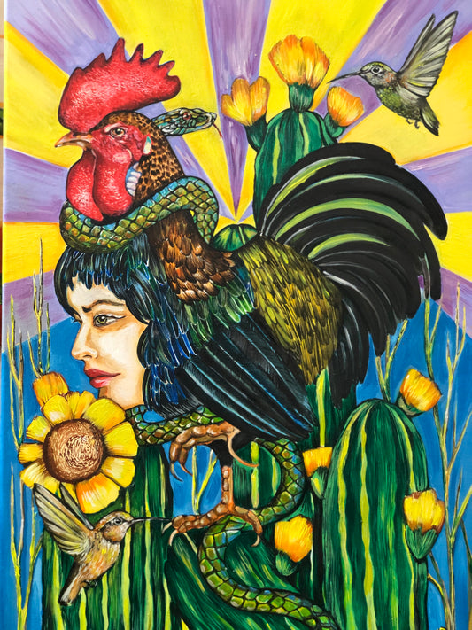 "El Gallo, La Serpiente y Los Colibríes" Oleo sobre Lienzo .